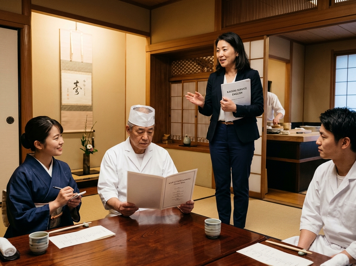 個室での実践的おもてなし英語研修・現場指導風景